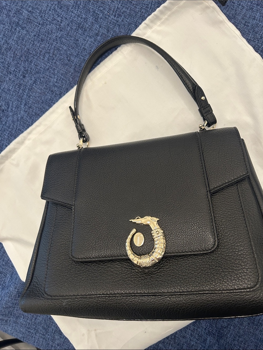 Trussardi Black Leather Top-Handle Satchel with Gold Snake Detail